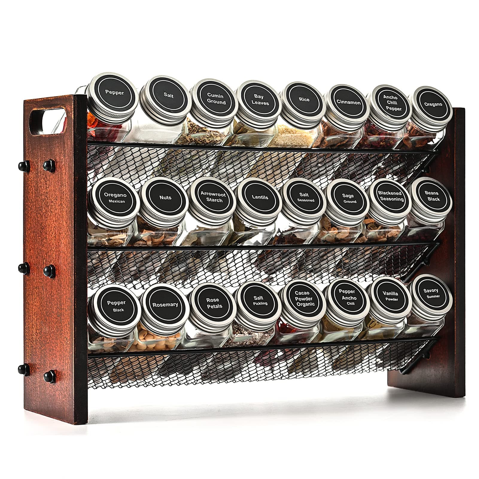 Rustic 3 Tier Wooden Spice Rack, Cabinet Countertop Wall Mount