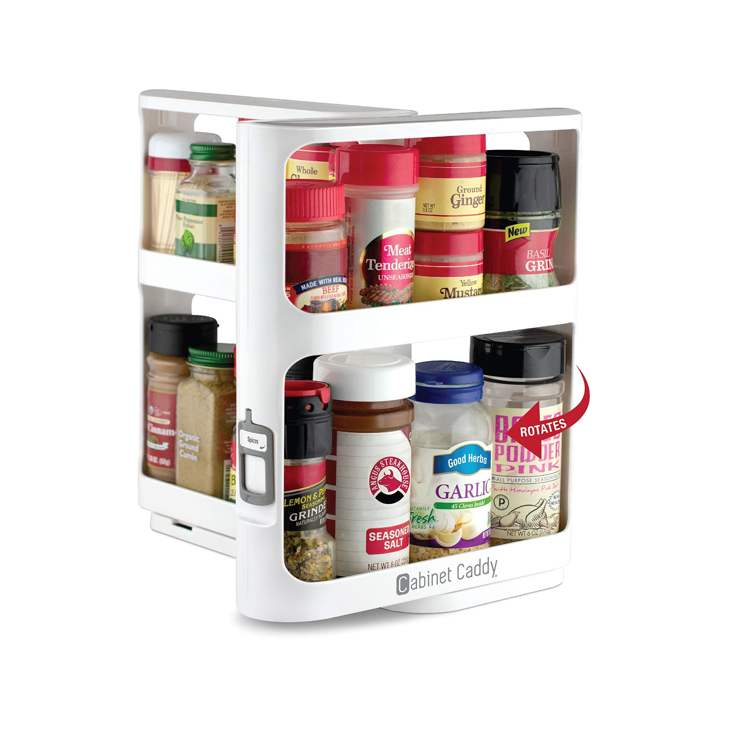 Non-Skid Magnetic Cabinet Caddy with 2 Double-Decker Shelves - Slide & Rotate Organizer - Kitchen Storage Solutions