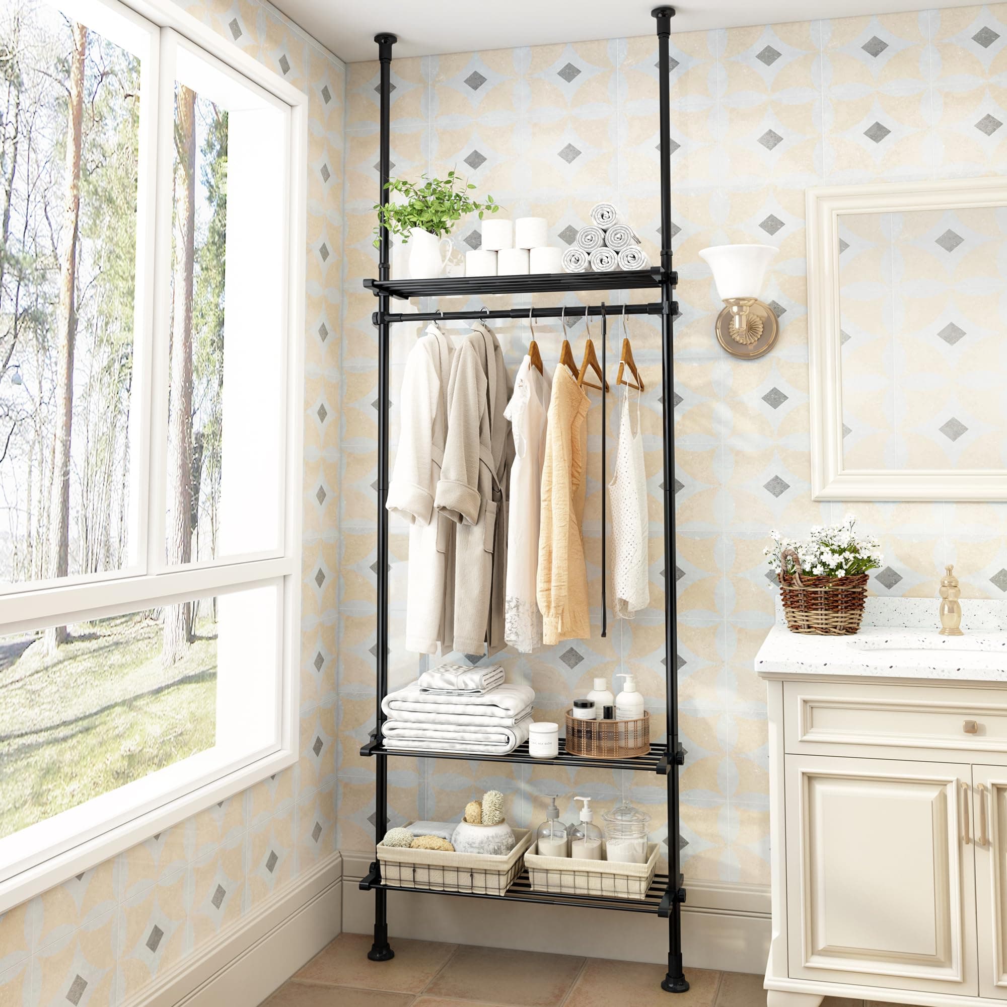 Adjustable 4-Tier Over Toilet Bathroom Organizer Rack in Metal Black