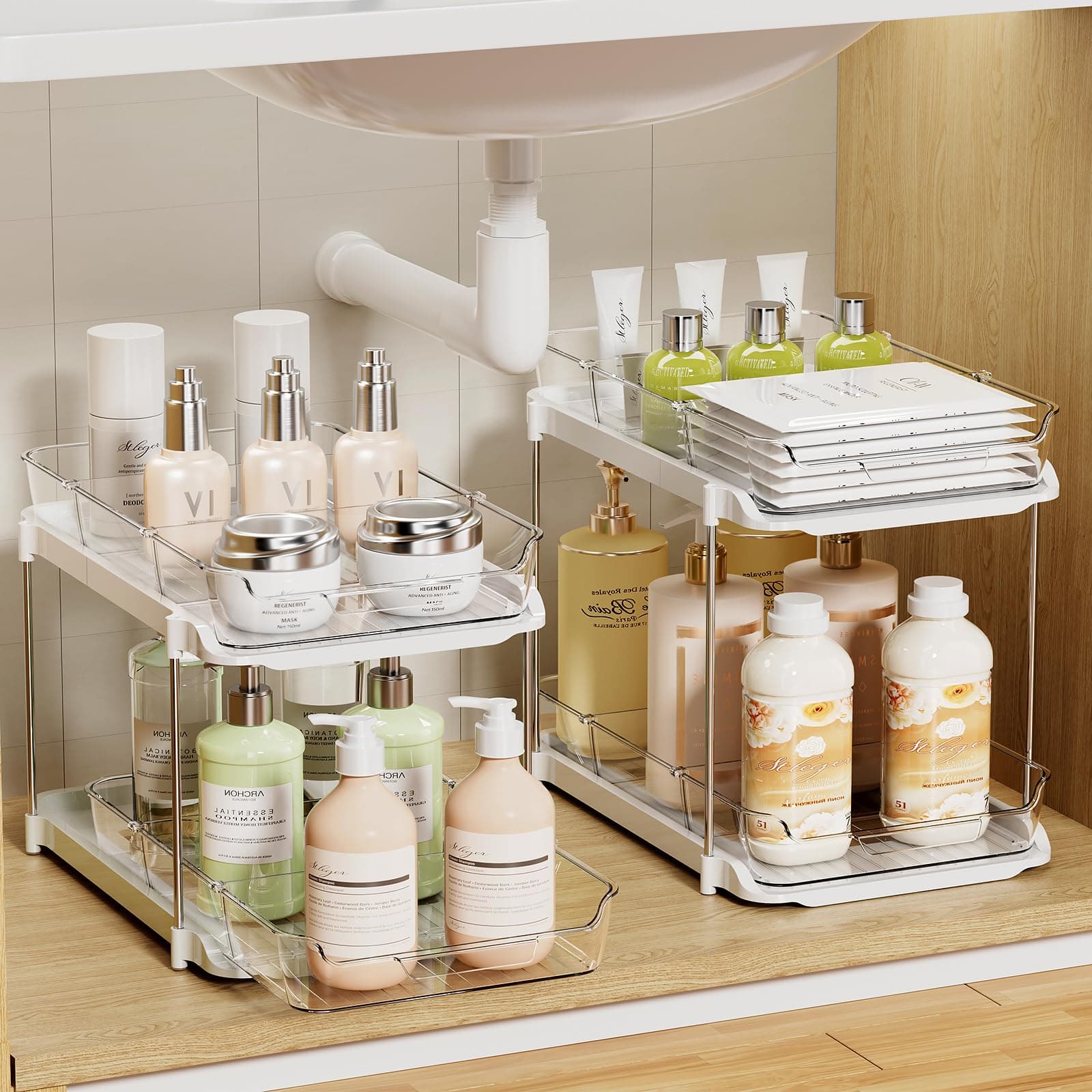 LAMU 2-Pack Bathroom & Kitchen Storage, 2-Tier Under-Sink Organizers with Drawers & Dividers