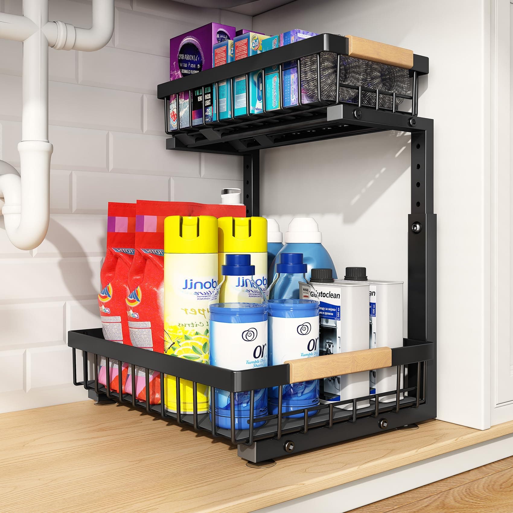 Under Sink Organizer for Kitchen and Bathroom - Adjustable 2-Tier Storage Shelf for Small Spaces
