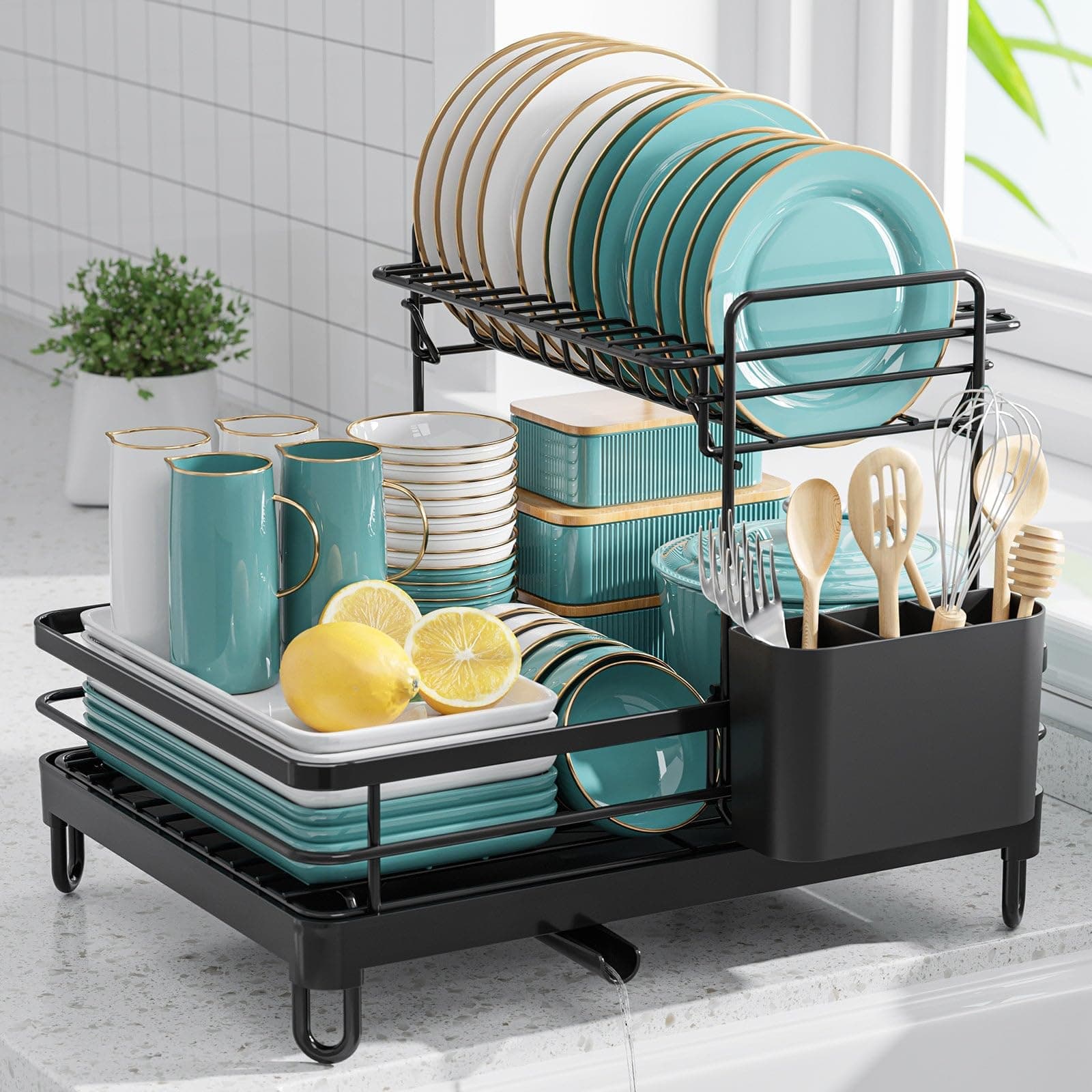 X-Large Stainless Steel Dish Drying Rack, 2-Tier Kitchen Organizer, Black