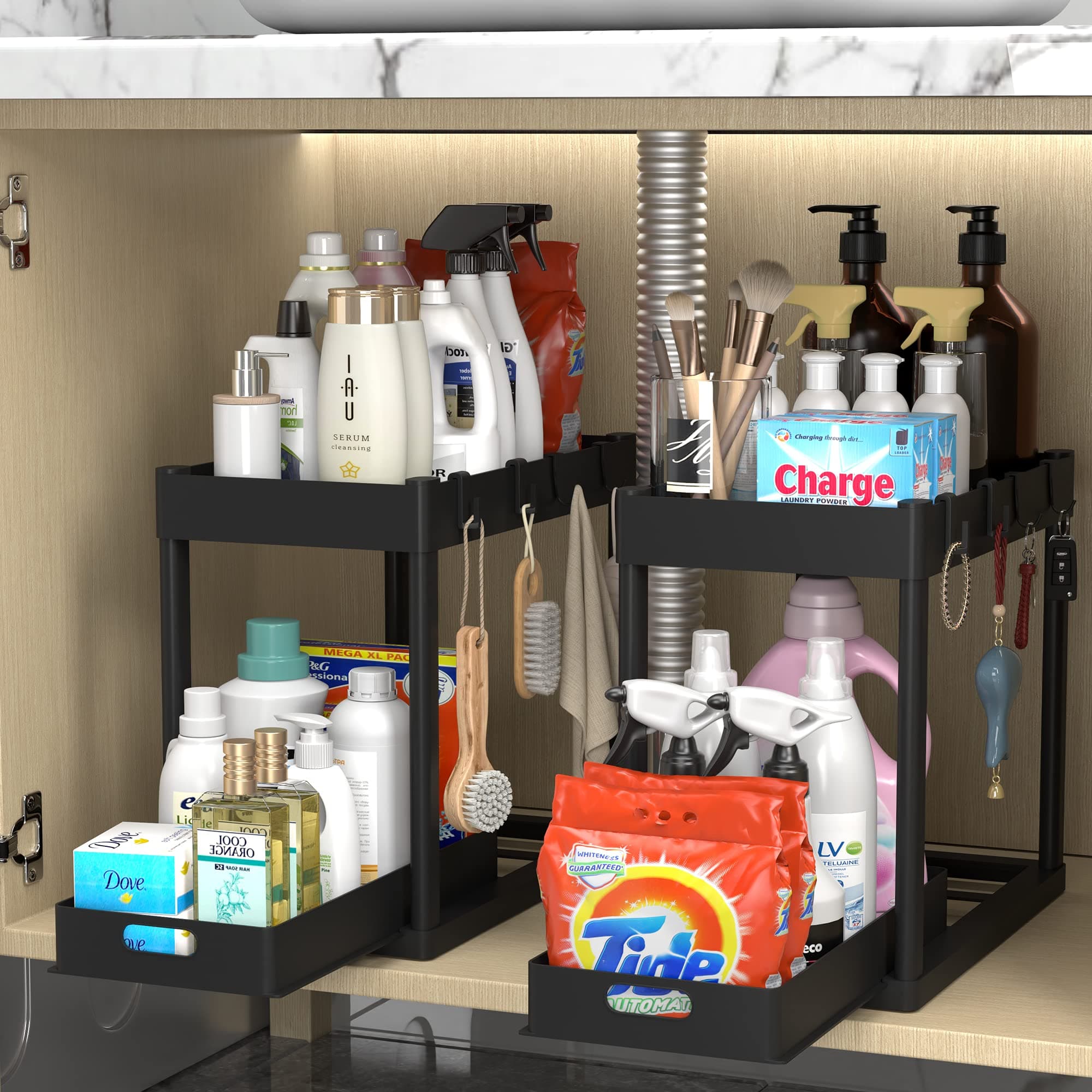 Black 2PC Under Sink Organizer Rack with Hooks for Bathroom Kitchen