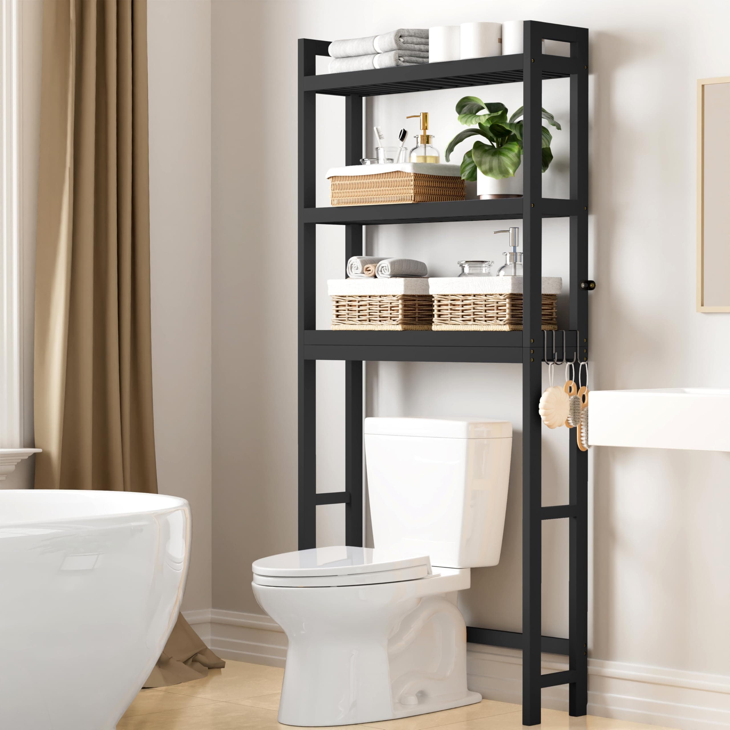 Smiry 3-Tier Bamboo Over Toilet Organizer, Space-Saving Hook Storage, Black