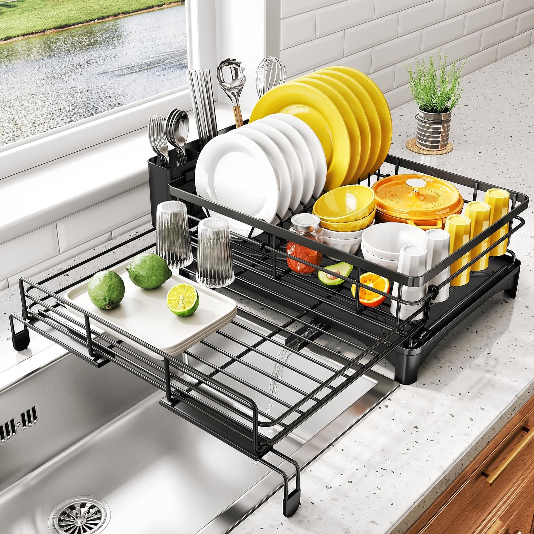Extendable Stainless Steel Dish Drying Rack with Utensil Holder for Kitchen Counter (Black)
