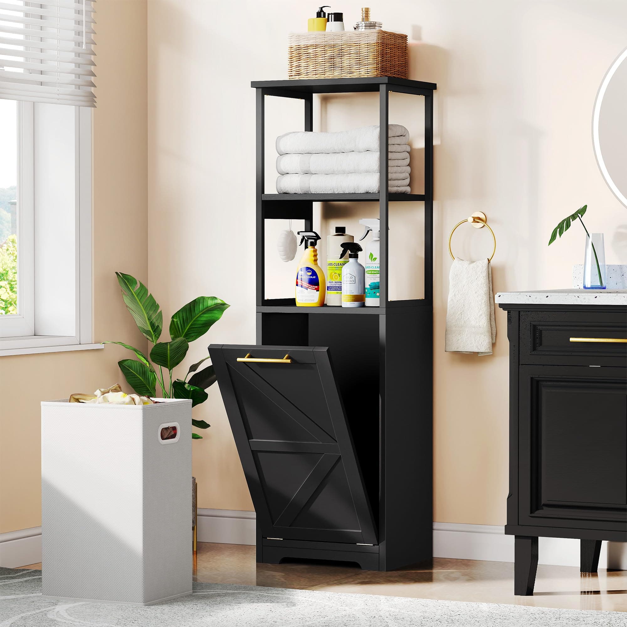 Black 53" Tall DWVO Tilt Out Laundry Hamper with Storage Shelves for Bathroom, Bedroom, and Laundry Room