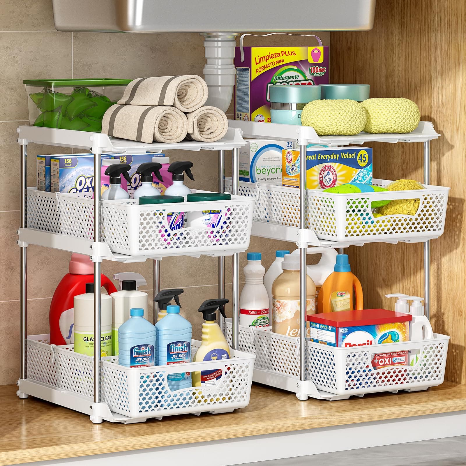 White 3 Tier Under Sink Organizer with Dividers