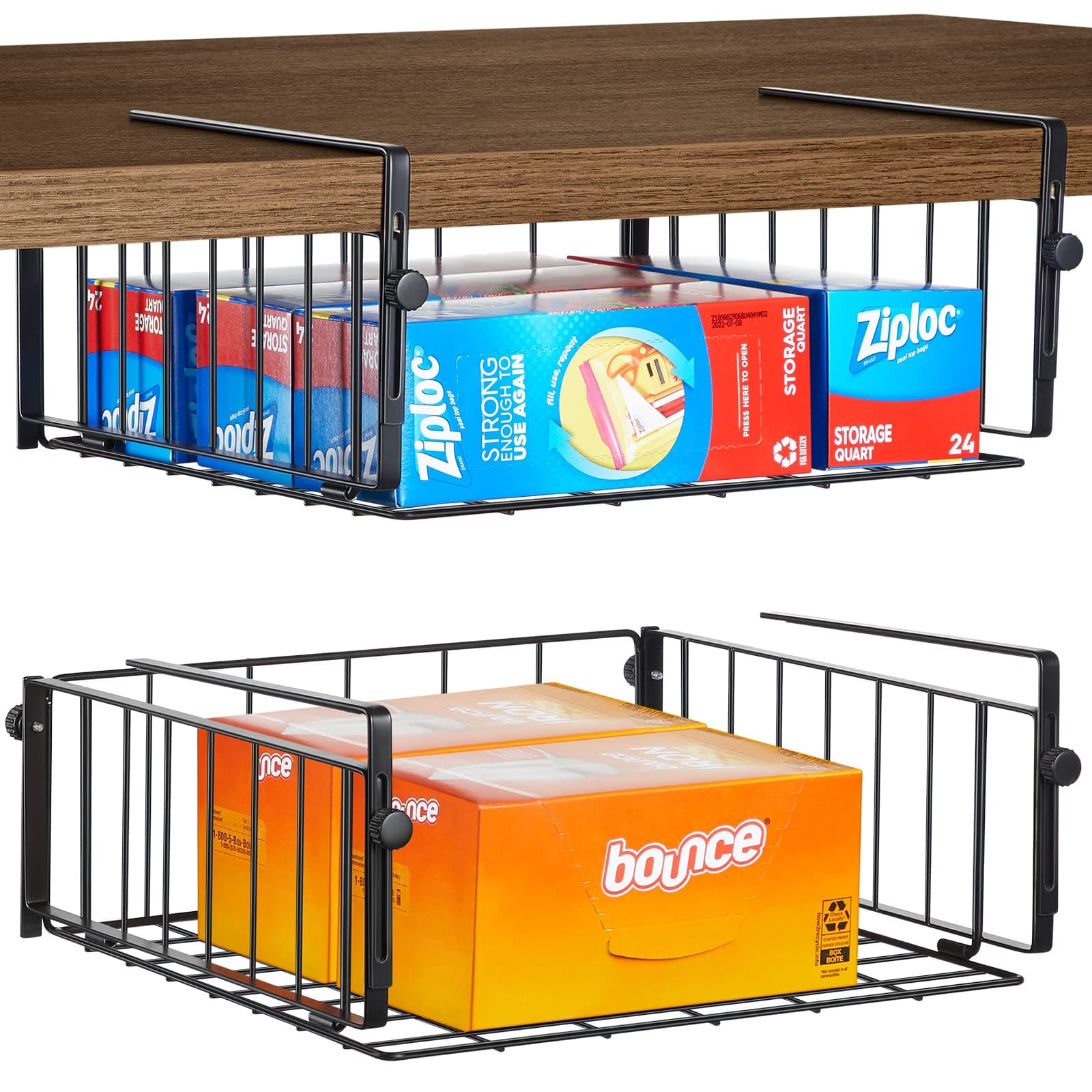 2-Pack Adjustable Under Shelf Storage Baskets for Kitchen, Laundry, and Office Organization - Black