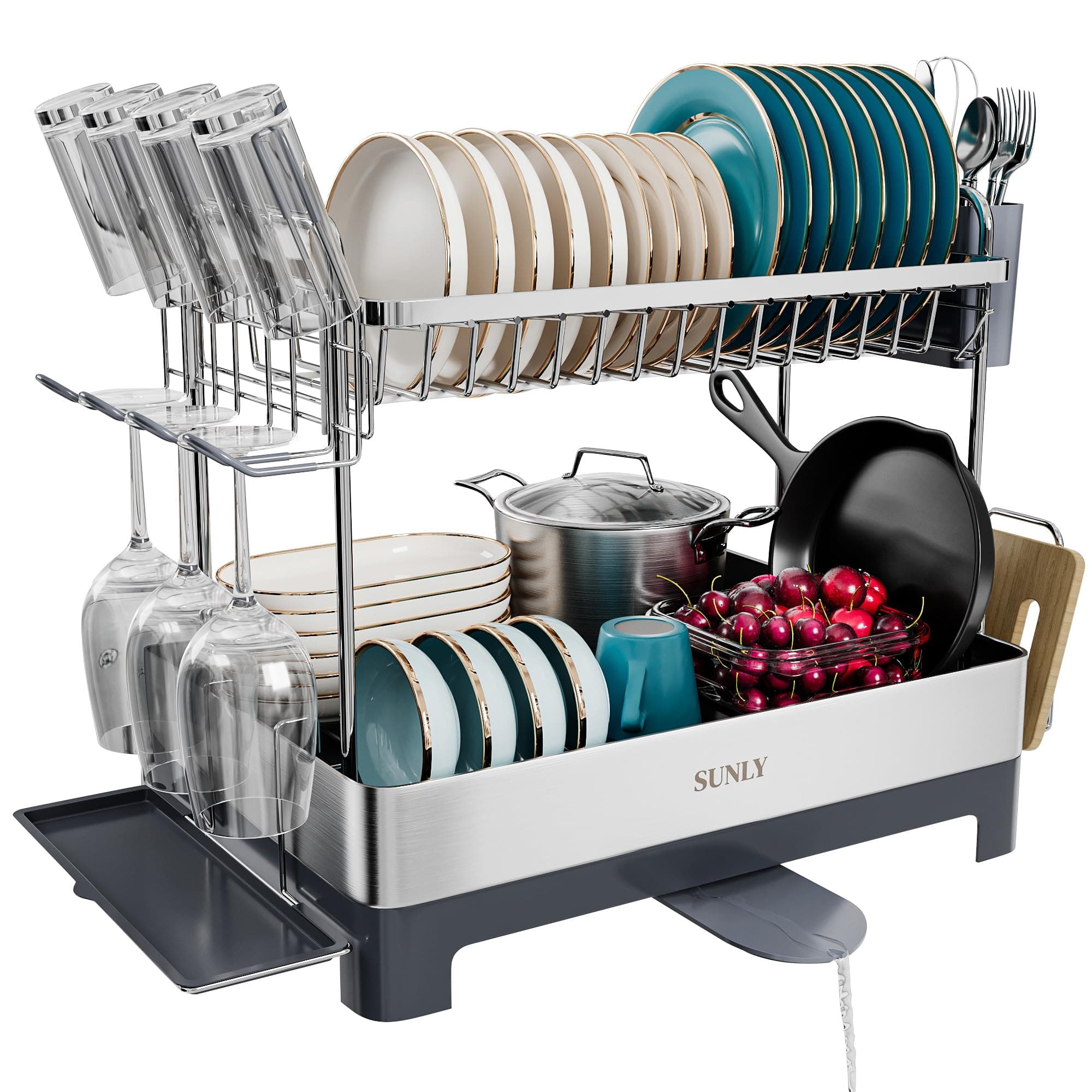 SUNLY Large 2-Tier Dish Drying Rack, 304 Stainless, Kitchen Counter Drain Board
