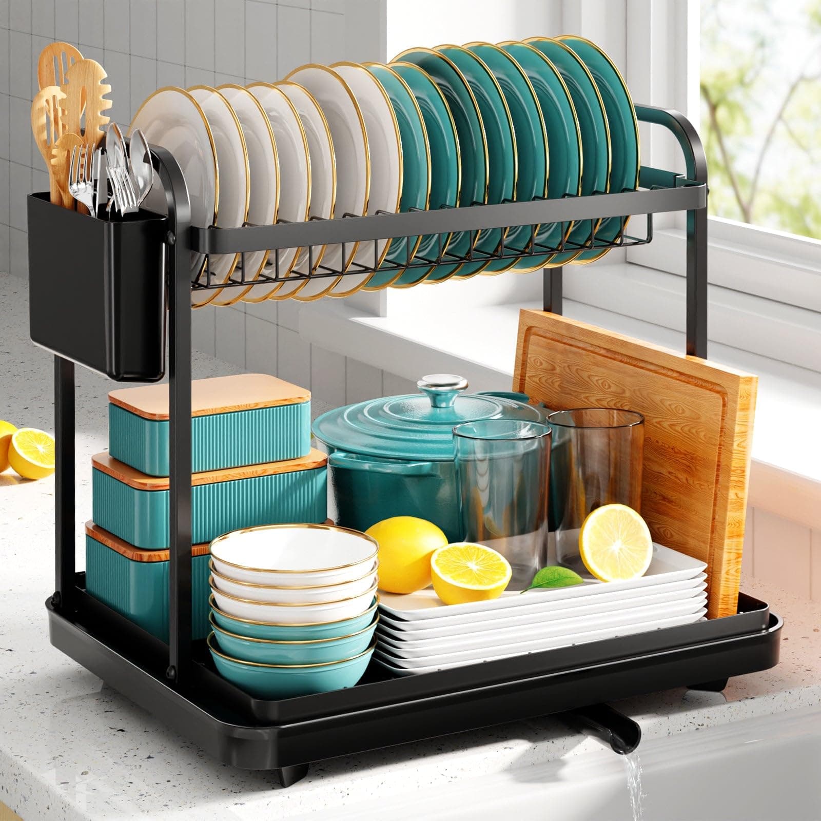 Stainless Steel 2-Tier Dish Drying Rack with Drainboard and Cutlery Holder for Kitchen Counter - Large, Black