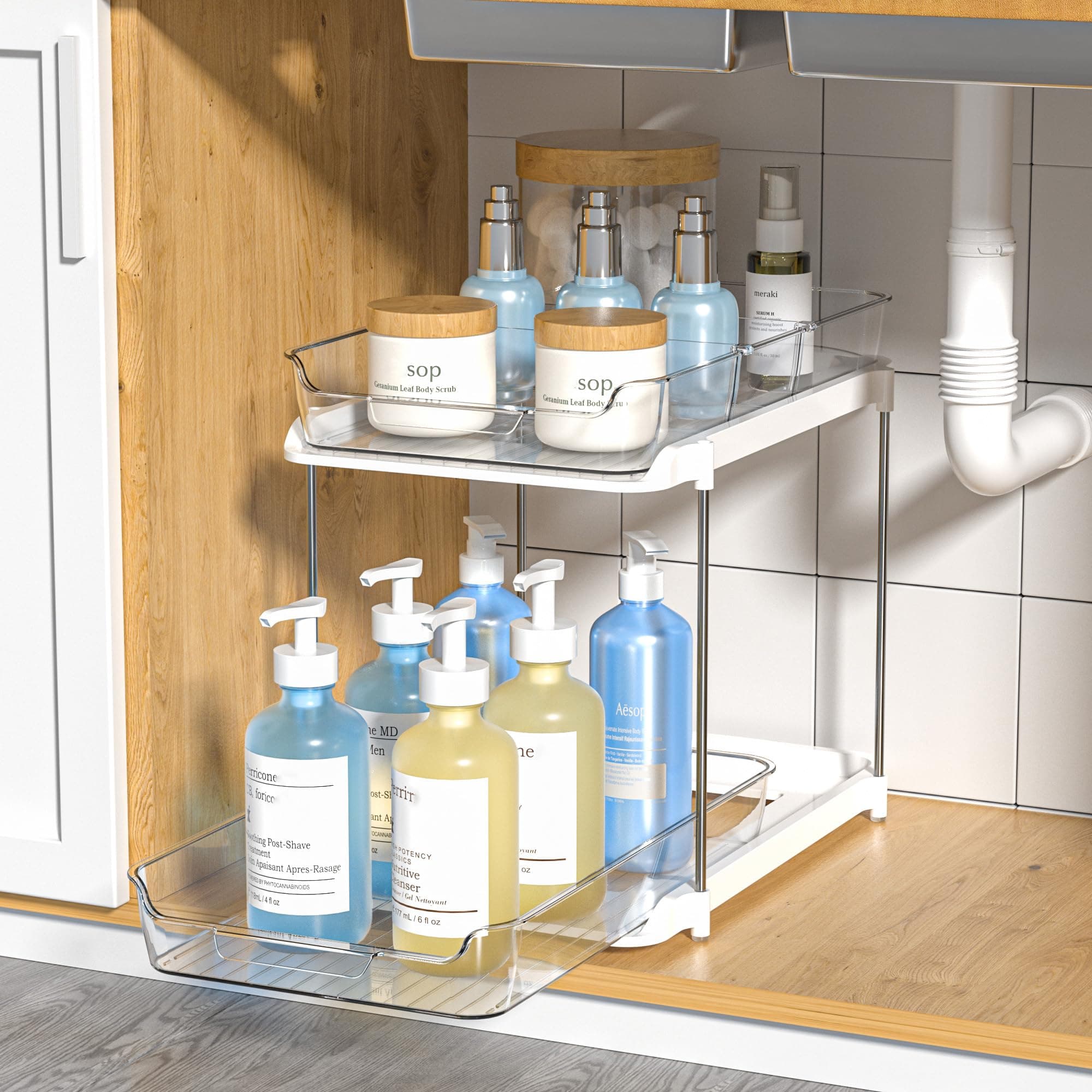 Delamu 2-Tier Pull-Out Sink Organizer with Movable Dividers