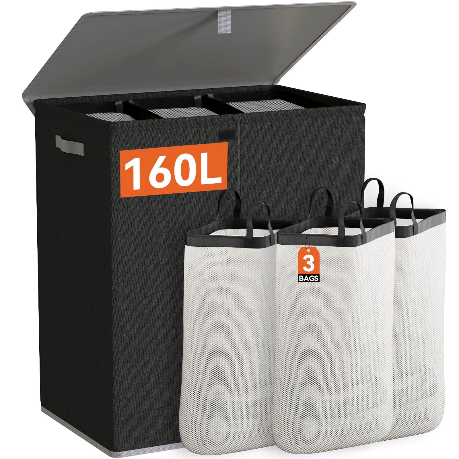 WOWLIVE 160L 3-Section Laundry Hamper with Lid & Removable Bags, Collapsible Black
