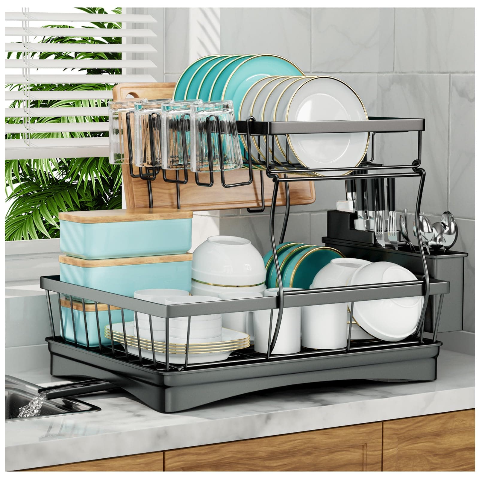 Large Dish Drying Rack for Kitchen Counter with Utensil Holder, 2-Tier Organizer in Black