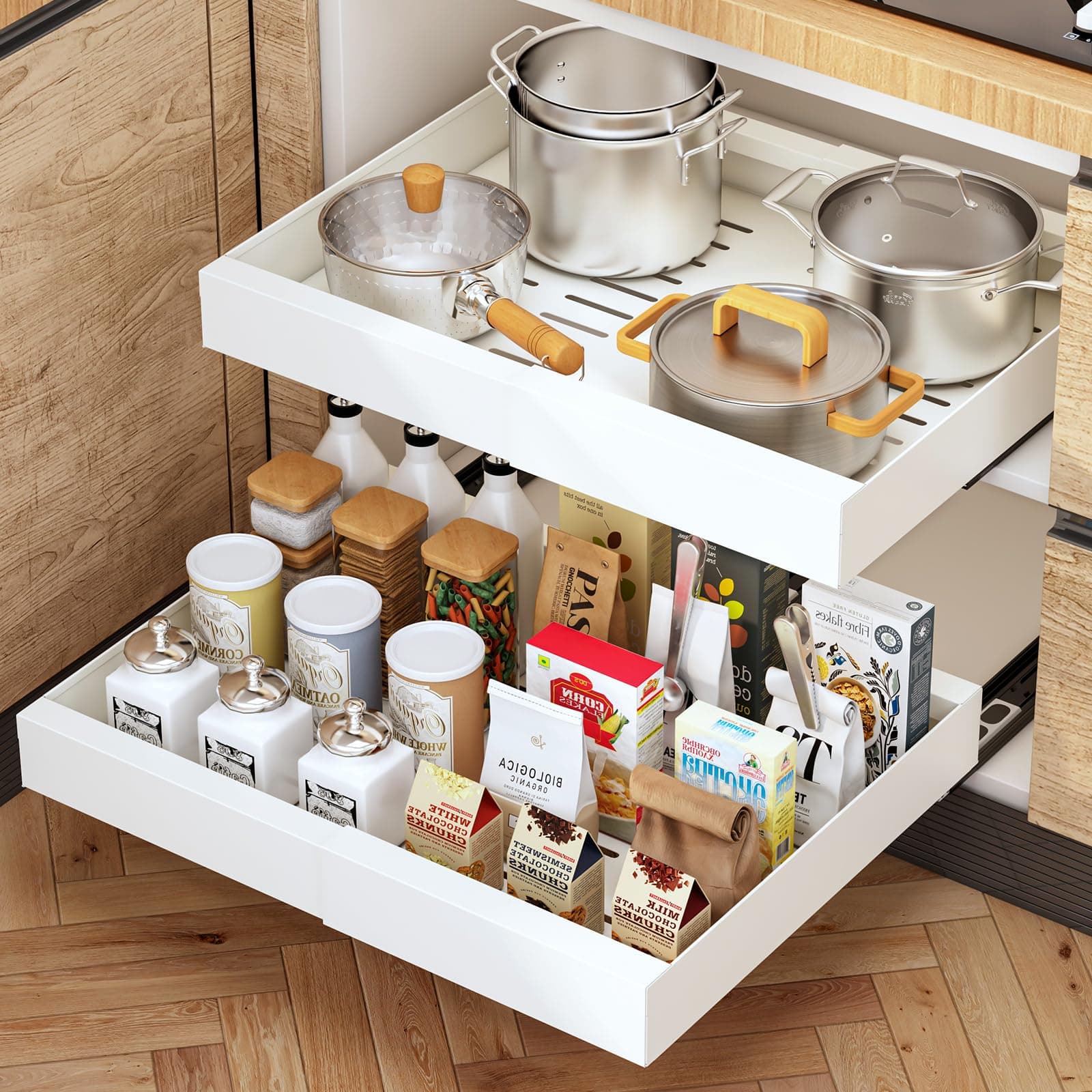 Expandable Pull Out Cabinet Organizer with 3 Rails, White - 1Pc
