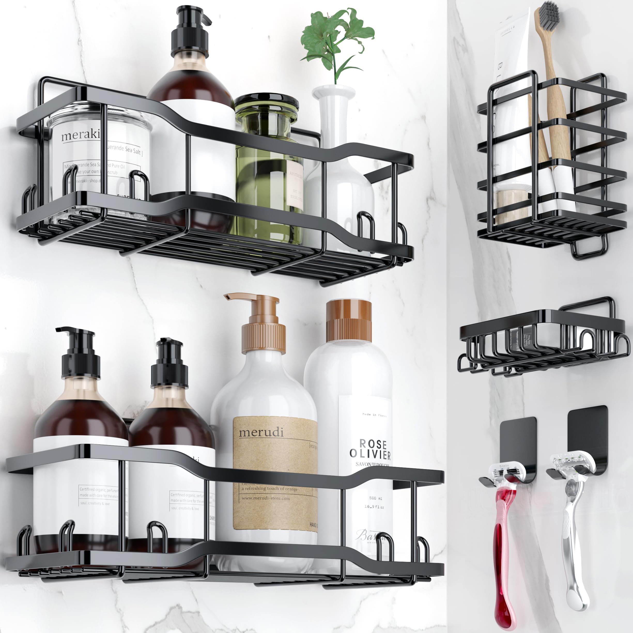 Athena Silken Black 4 Set No-Drill Rustproof Shower Caddy, 40LB Capacity