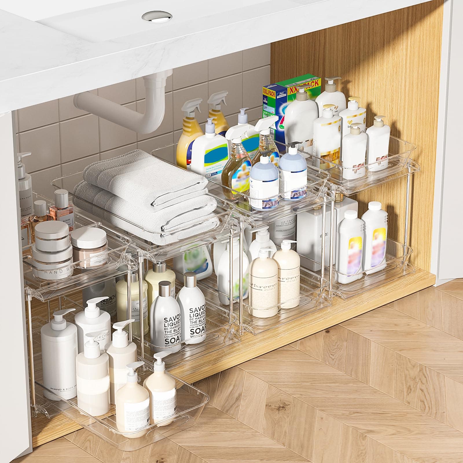 4-Pack Bathroom Sink Organizers & 2-Tier Clear Medicine Cabinet + Pull-Out Kitchen Pantry Storage
