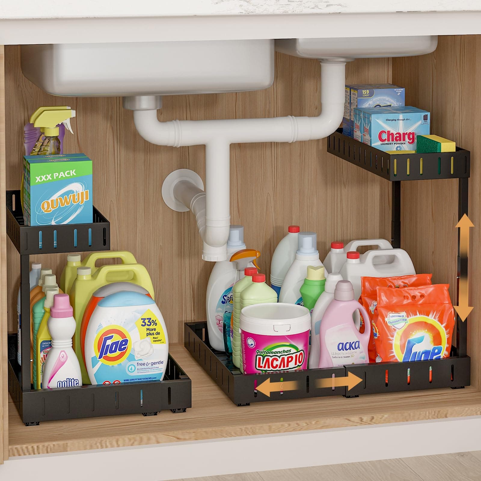 REALINN 2 Tier Expandable Under Sink Organizer, Adjustable & Black, 2 Pack