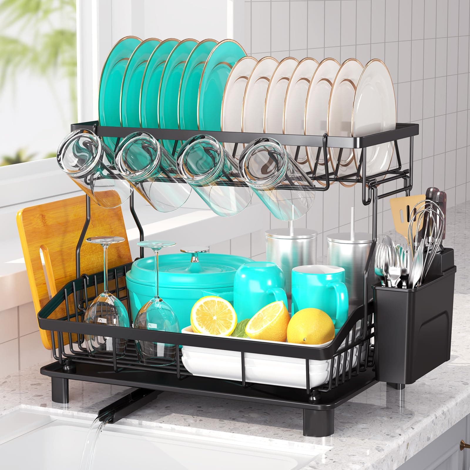 2-Tier Large Capacity Dish Drying Rack with Drainboard & Removable Utensil Holder, Black