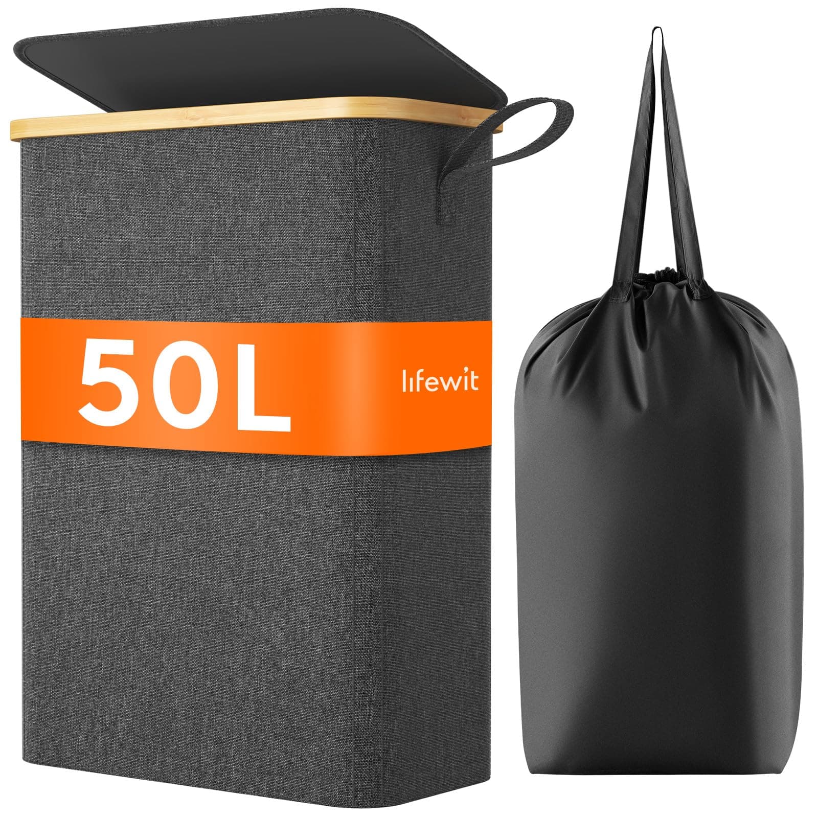 Slim 50L Laundry Hamper with Lid and Bamboo Handles