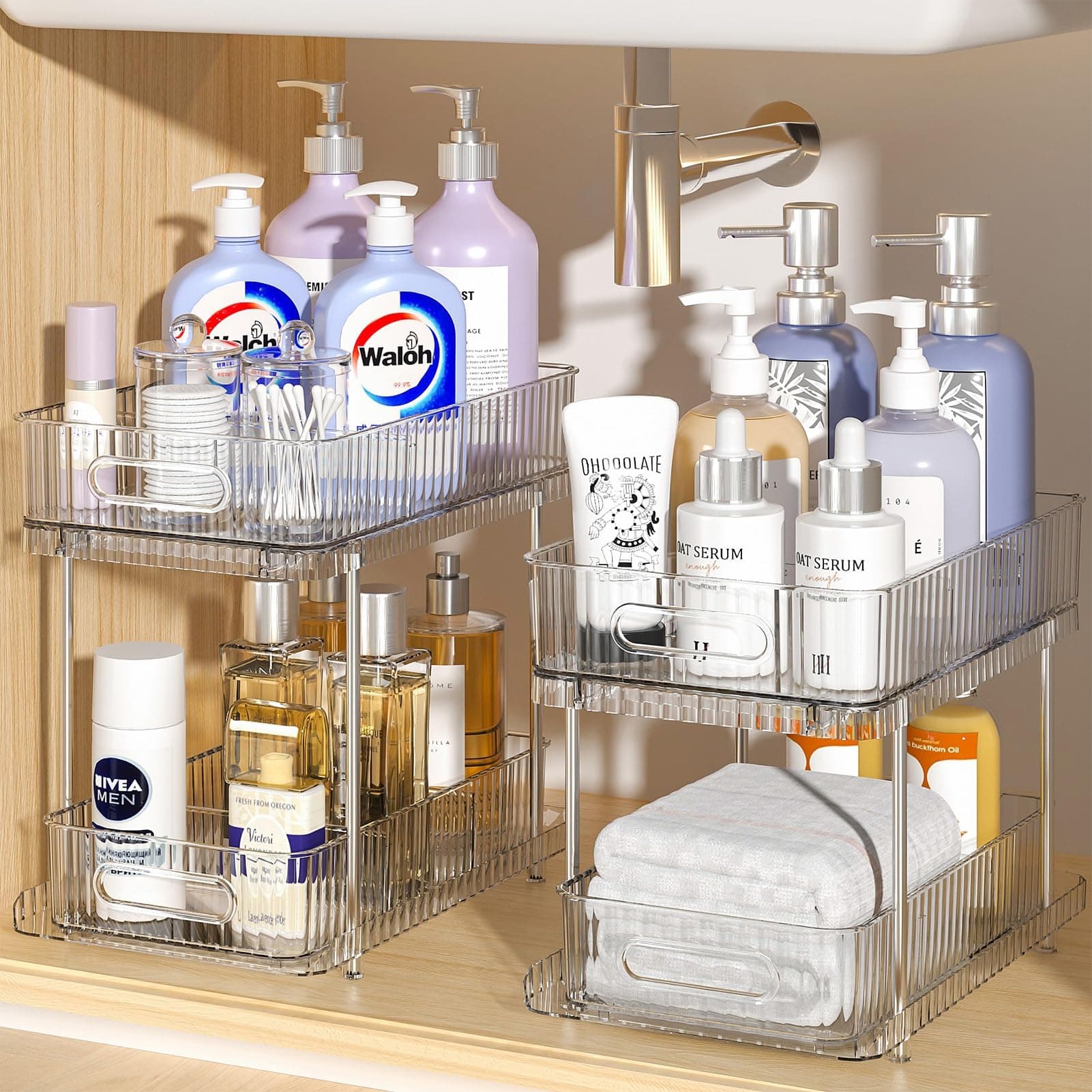 Delamu 2 Pack Bathroom & Kitchen Organizer, Snap-Lock Medicine Cabinet & Movable Divider