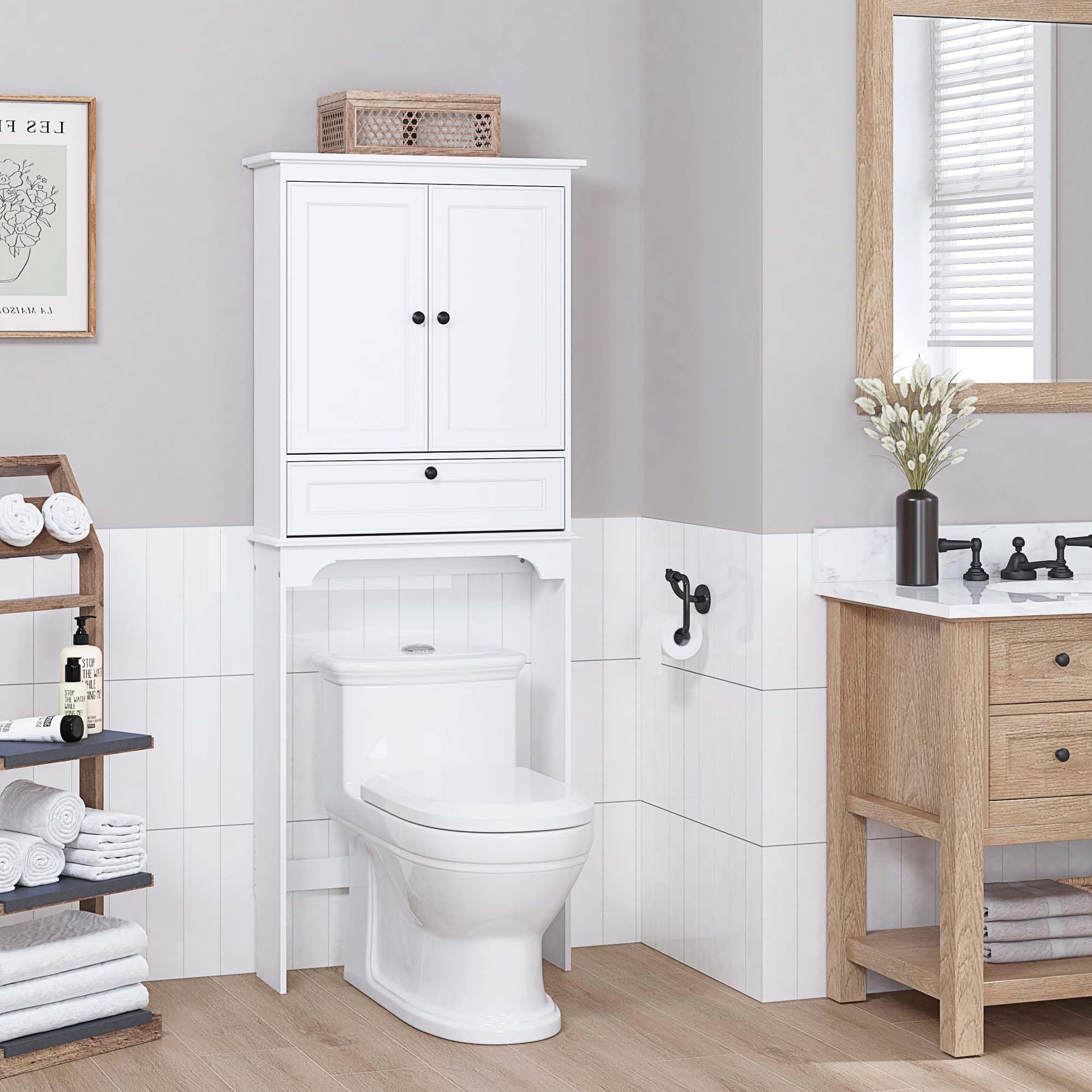 Spirich White Toilet Storage Cabinet with Doors and Adjustment