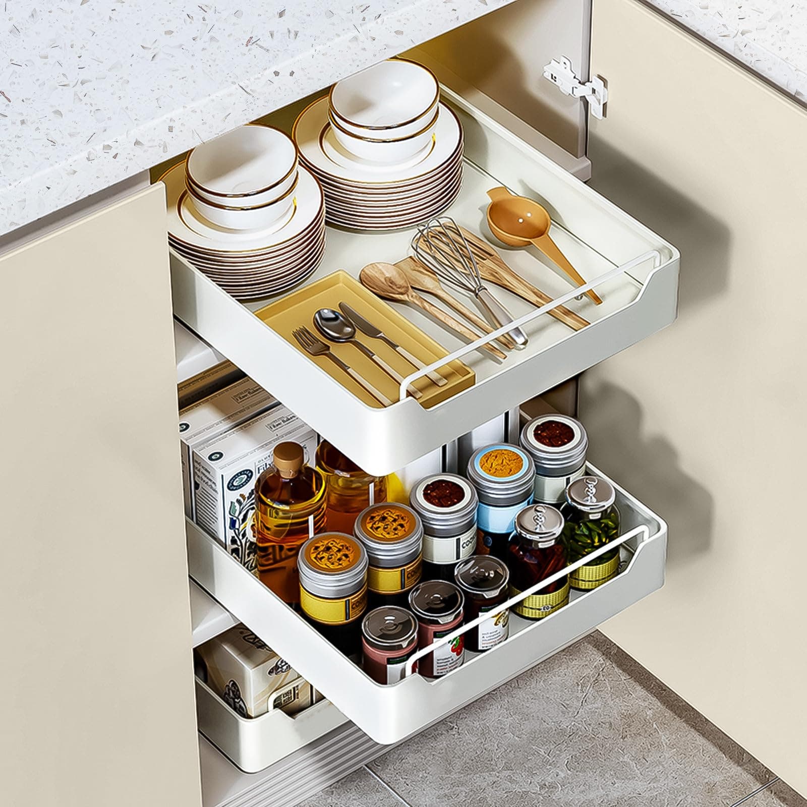 Pull Out Cabinet Organizer with Adhesive Nano Film - Heavy Duty Sliding Drawer Shelf for Kitchen and Home
