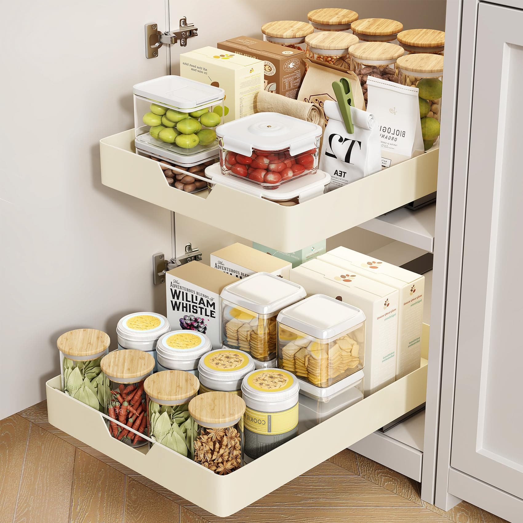 Adhesive Pull Out Cabinet Organizer for Kitchen, Bathroom, Pantry - Cream White - 13.8 W x 21 D - No Drill Slide Out Drawers