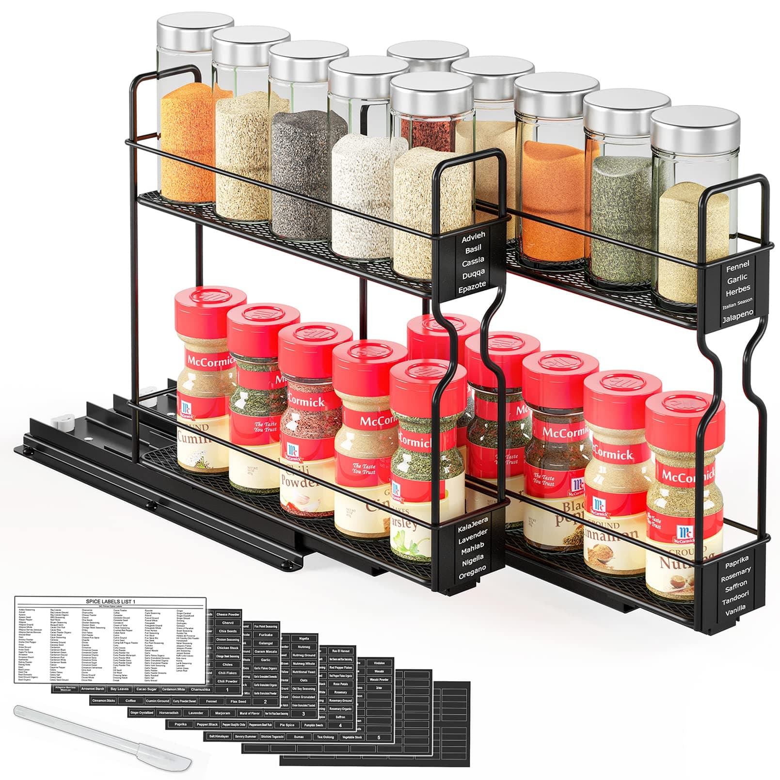 SpaceAid Heavy Duty Spice Rack Organizer, Cabinet Drawer with Labels, 5.2" x 10.75" x 10", 2 Drawers, 2-Tier