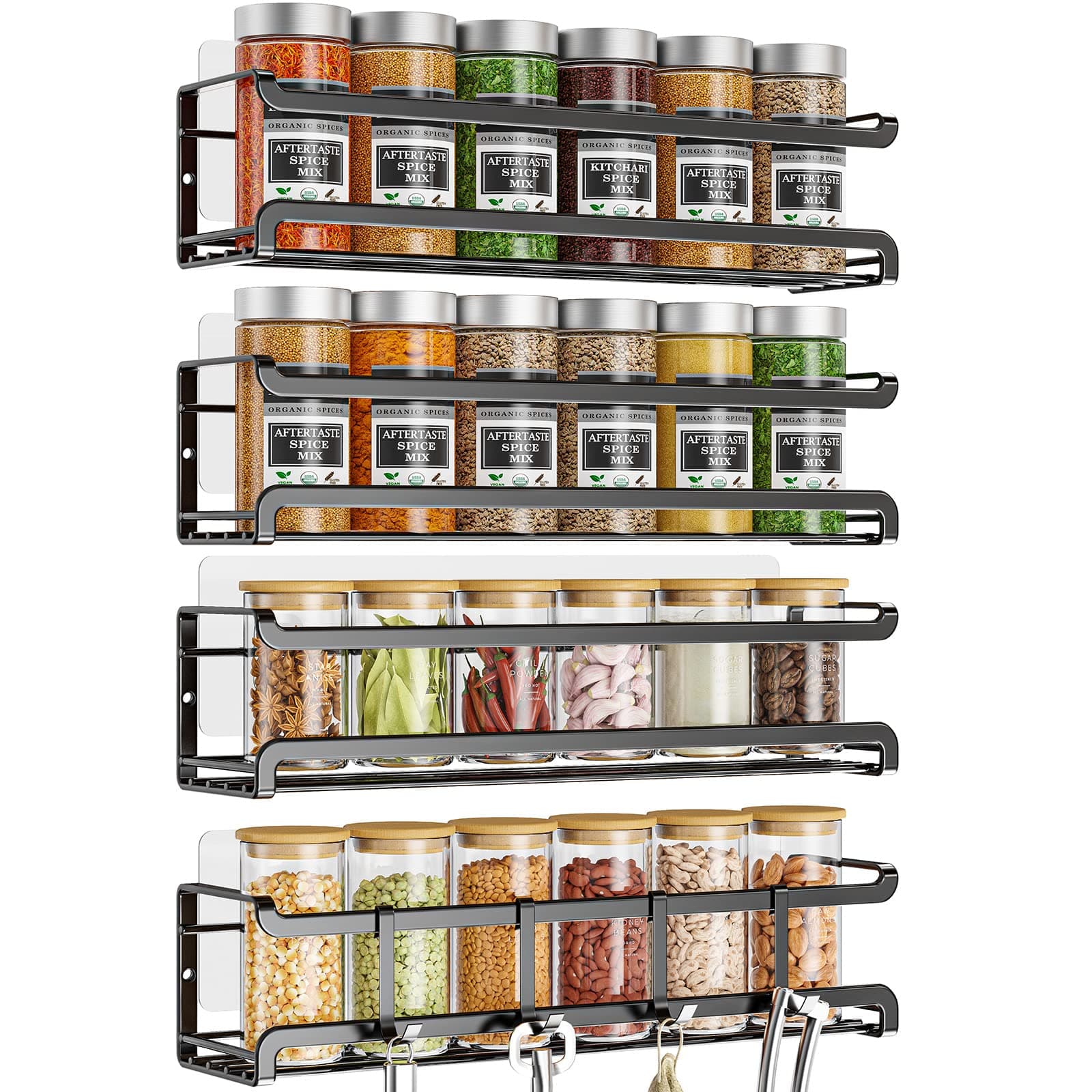 Wall-Mounted Spice Rack Organizer - 4 Pack for Kitchen Cabinets and Pantry Doors