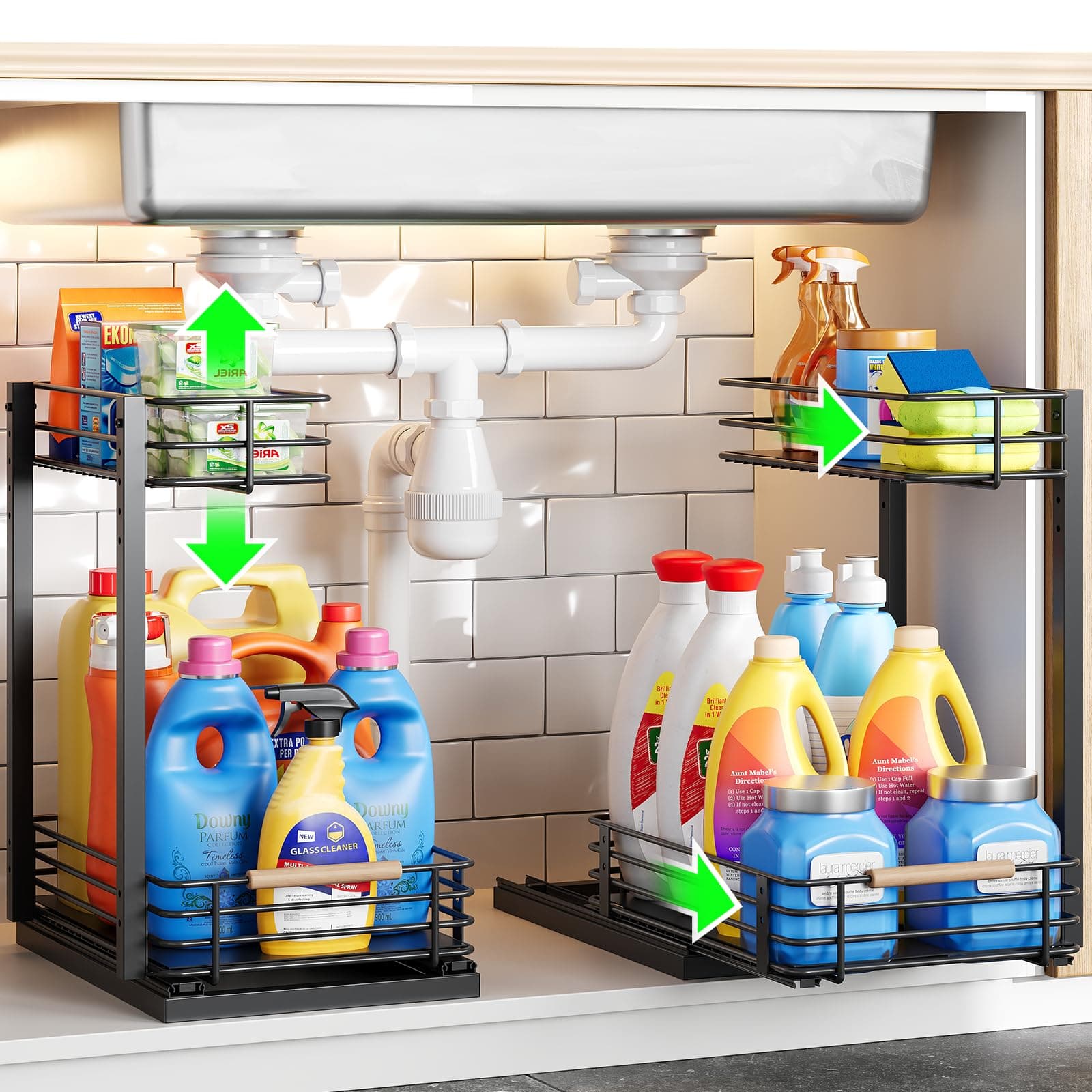 Nieifi Black Under Sink Cabinet Organizer, 2 Pack Pull-Out Shelves, Kitchen Storage