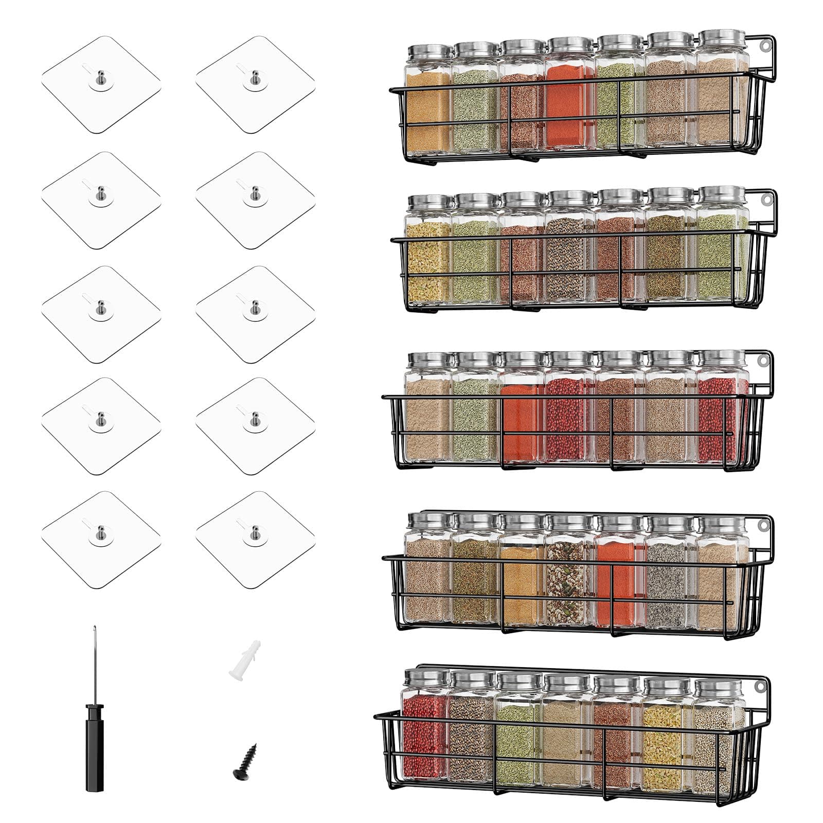 Wall Mount Spice Rack Organizer for Kitchen, 5 Pack, Black