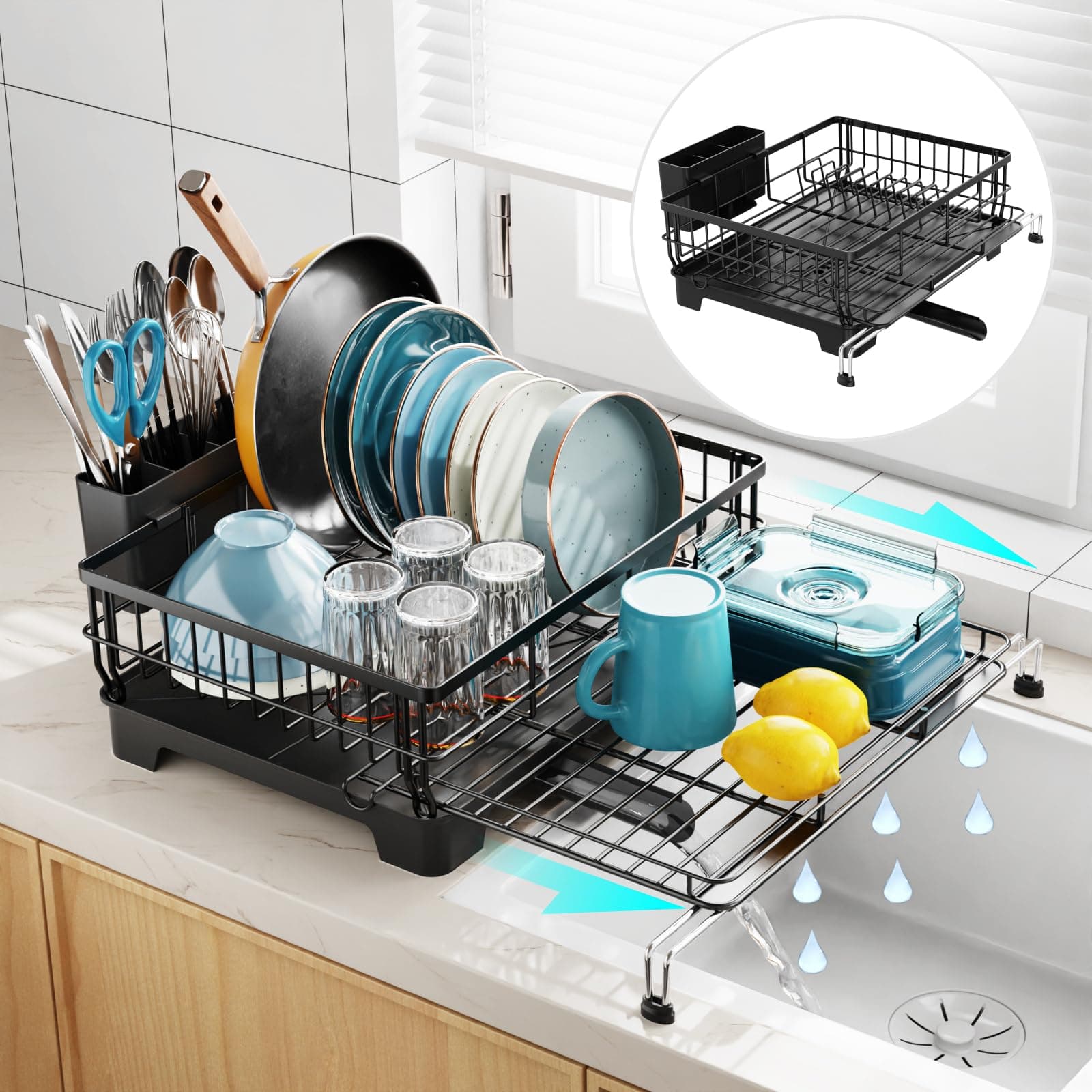 GSlife Expandable 2-in-1 Dish Drying Rack with Drainboard, Black