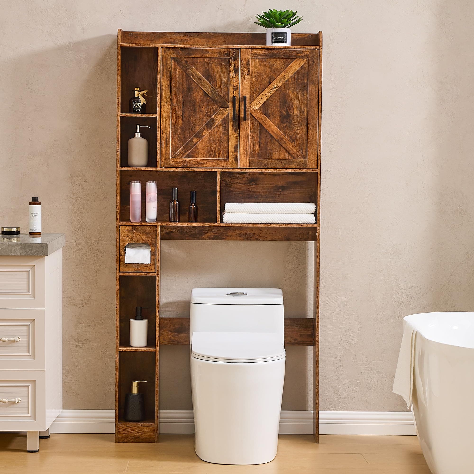 Brown Farmhouse Storage Cabinet Over Toilet with 2 Barn Doors