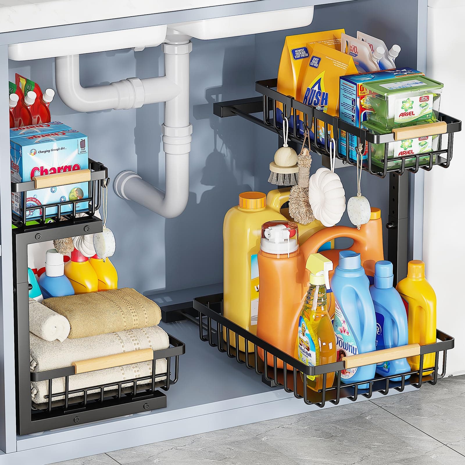 2 sets of adjustable pull-out under-sink organisers for kitchen and bathroom
