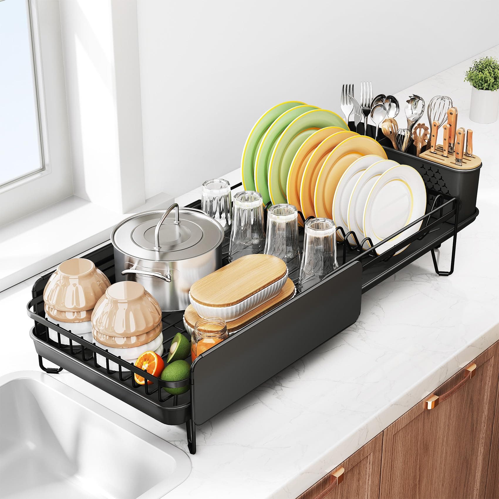 Stainless Steel Large Kitchen Dish Drying Rack with Cutlery Holder