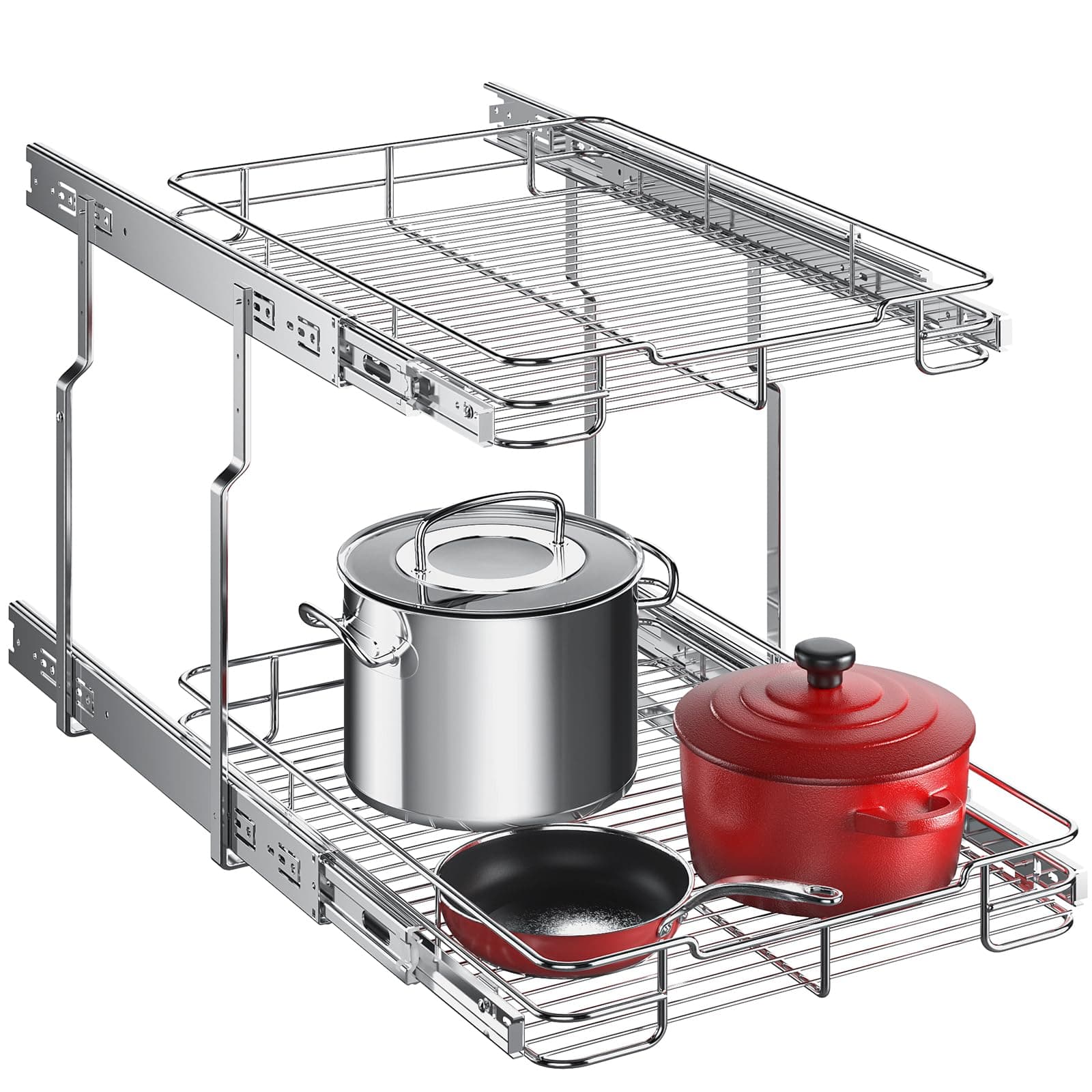 Delamu 2 Tier Pull Out Shelf, 14" W x 21" D, Heavy Duty Kitchen Cabinet Organizer