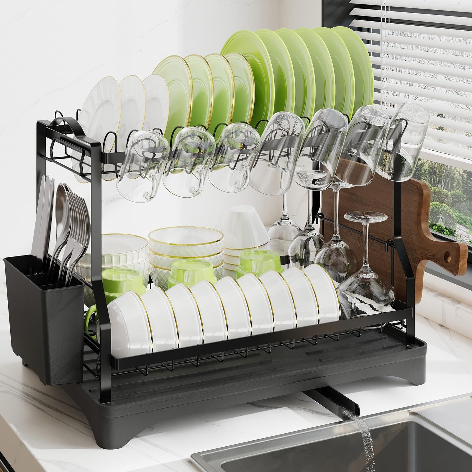 2-Tier Dish Drying Rack with Drainboard – Space-Saving Kitchen Organizer (Black)