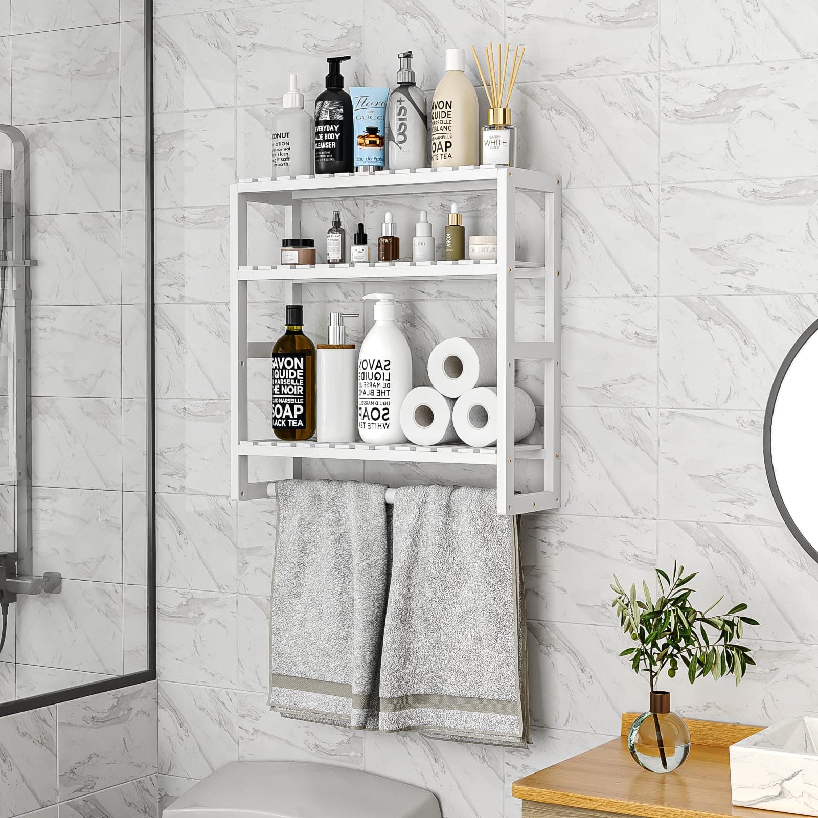 Bathroom Towel Racks 3-Tier Bamboo Storage Shelves Over Toilet