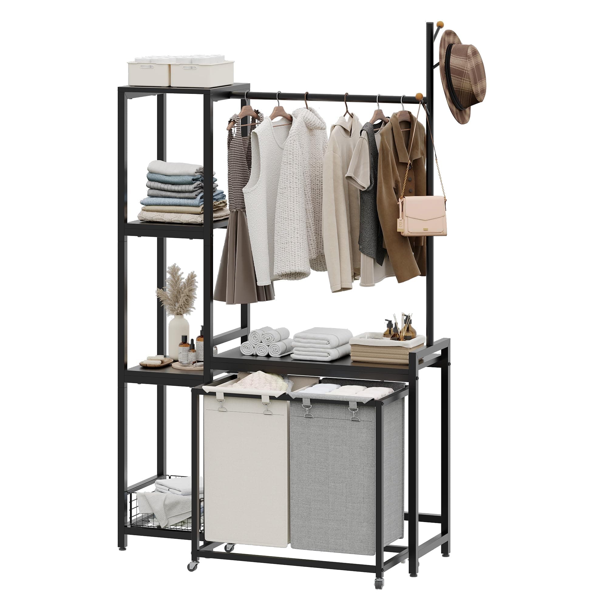 2-Section Laundry Hamper with Shelf & Sorter, 12.4 Gal Removable Bags, Black JLH004B