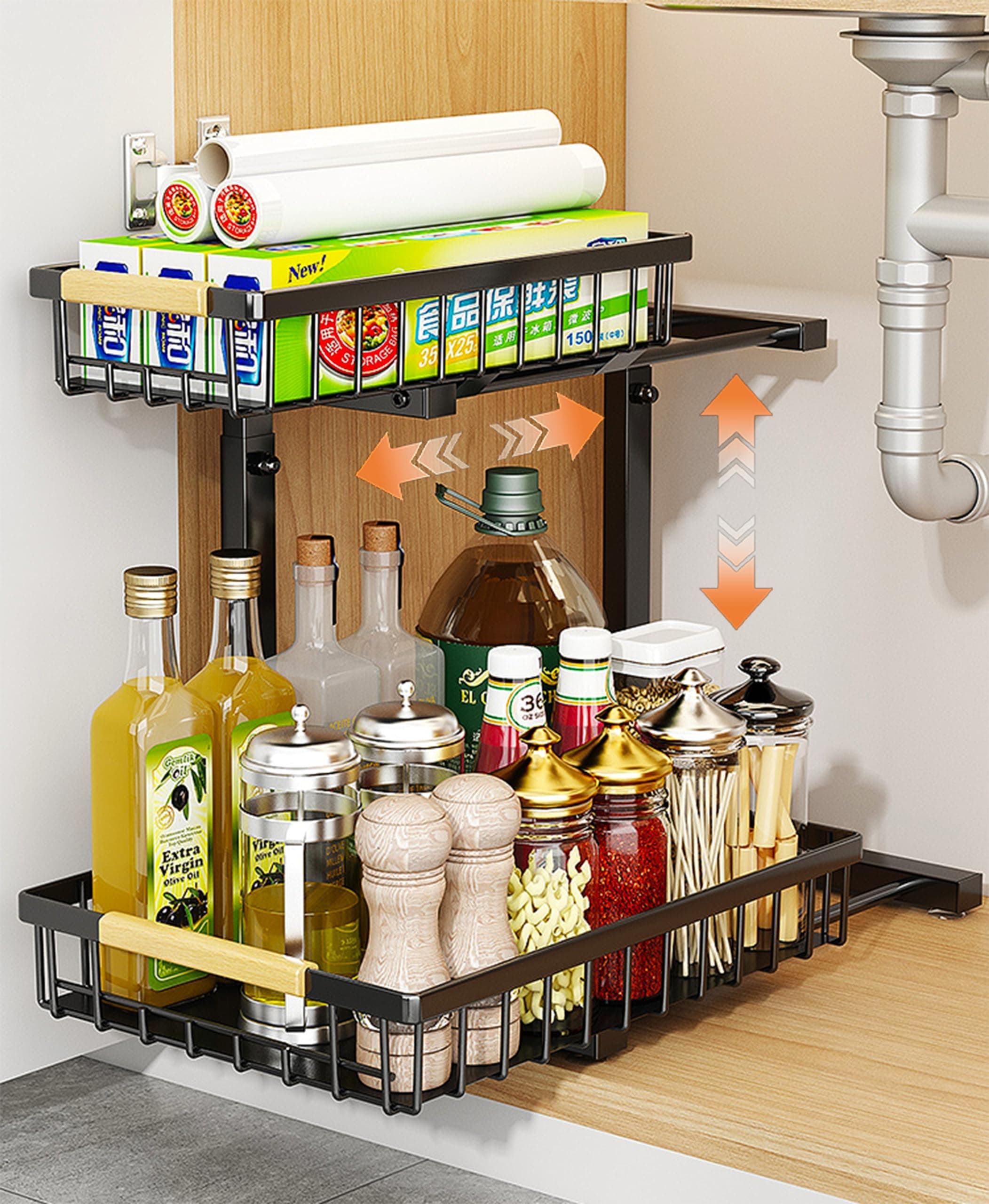 Pull Out 2 Tier Under Sink Organizer and Storage Shelf for Kitchen and Bathroom