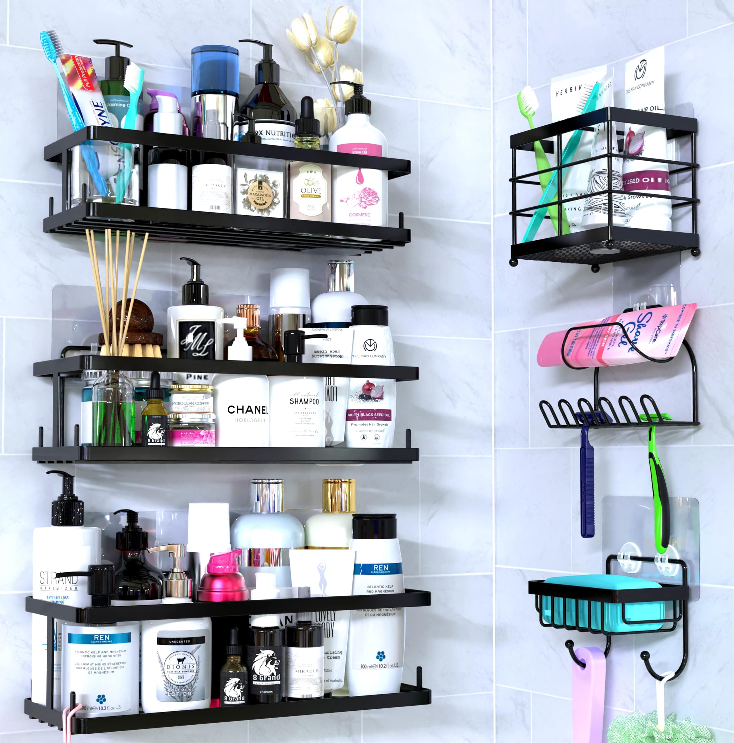 Comelyjewel Black Shower Caddy with Hooks, Baskets, and Razor Holder