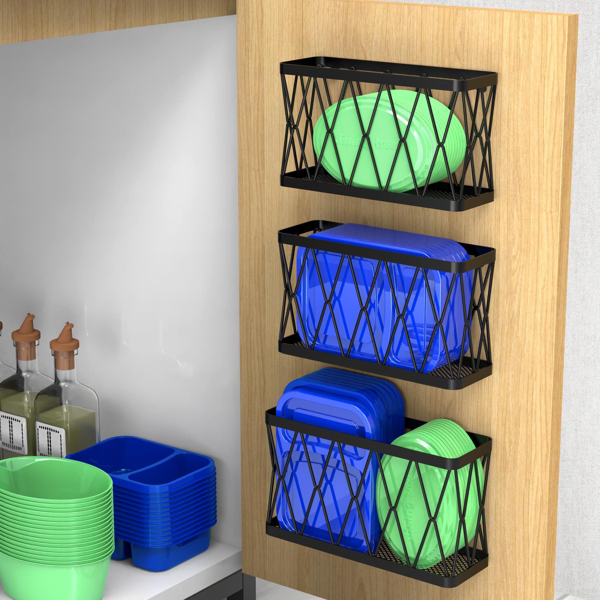 Cabinet Organizer Storage for Tupperware Lids: Wall Mounted Holder for Kitchen Walls - 3 Pack (Black Stainless Steel)