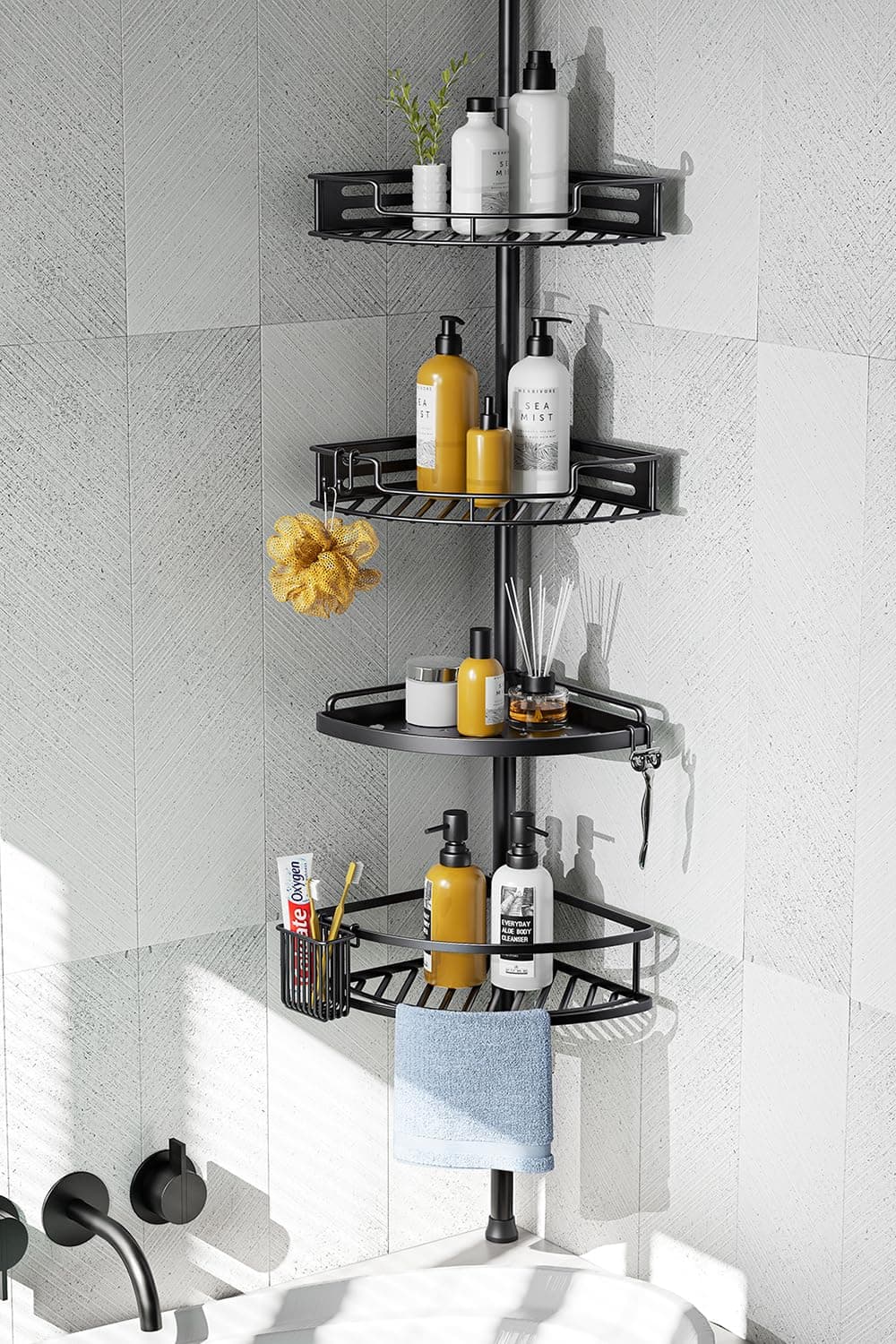 Hamitor 4-Tier Rustproof Bathroom Organizer - 47-121 inch Adjustable Shelving Rack - Black