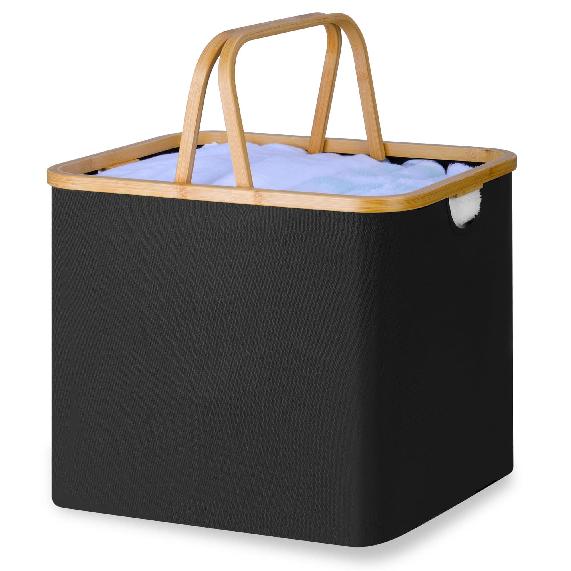 Black Laundry Hamper with Bamboo Handle, Collapsible 60L Basket for College Dorm and Family