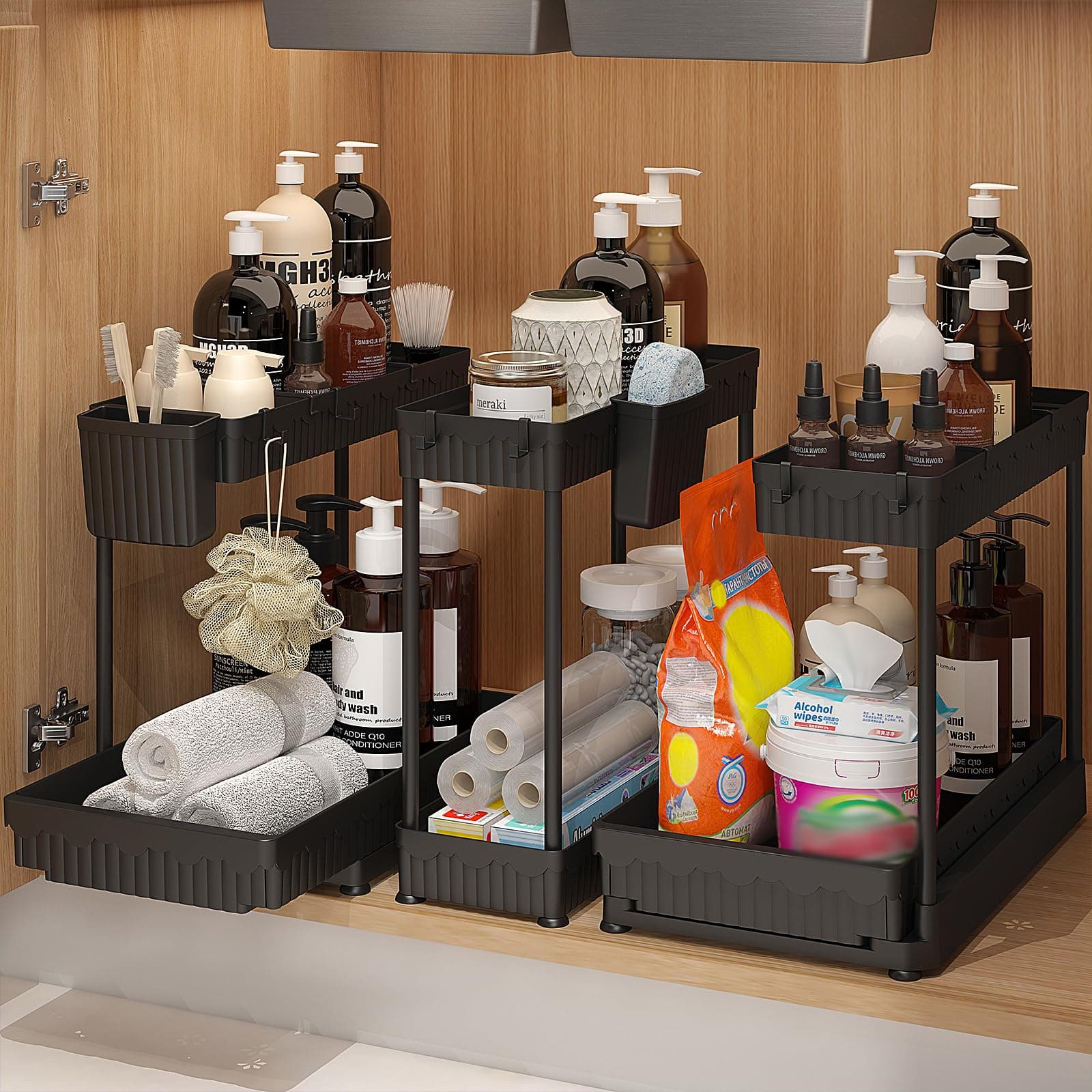 Black 3-Pack Under Sink Organizers with Sliding 2-Tier Bathroom Storage