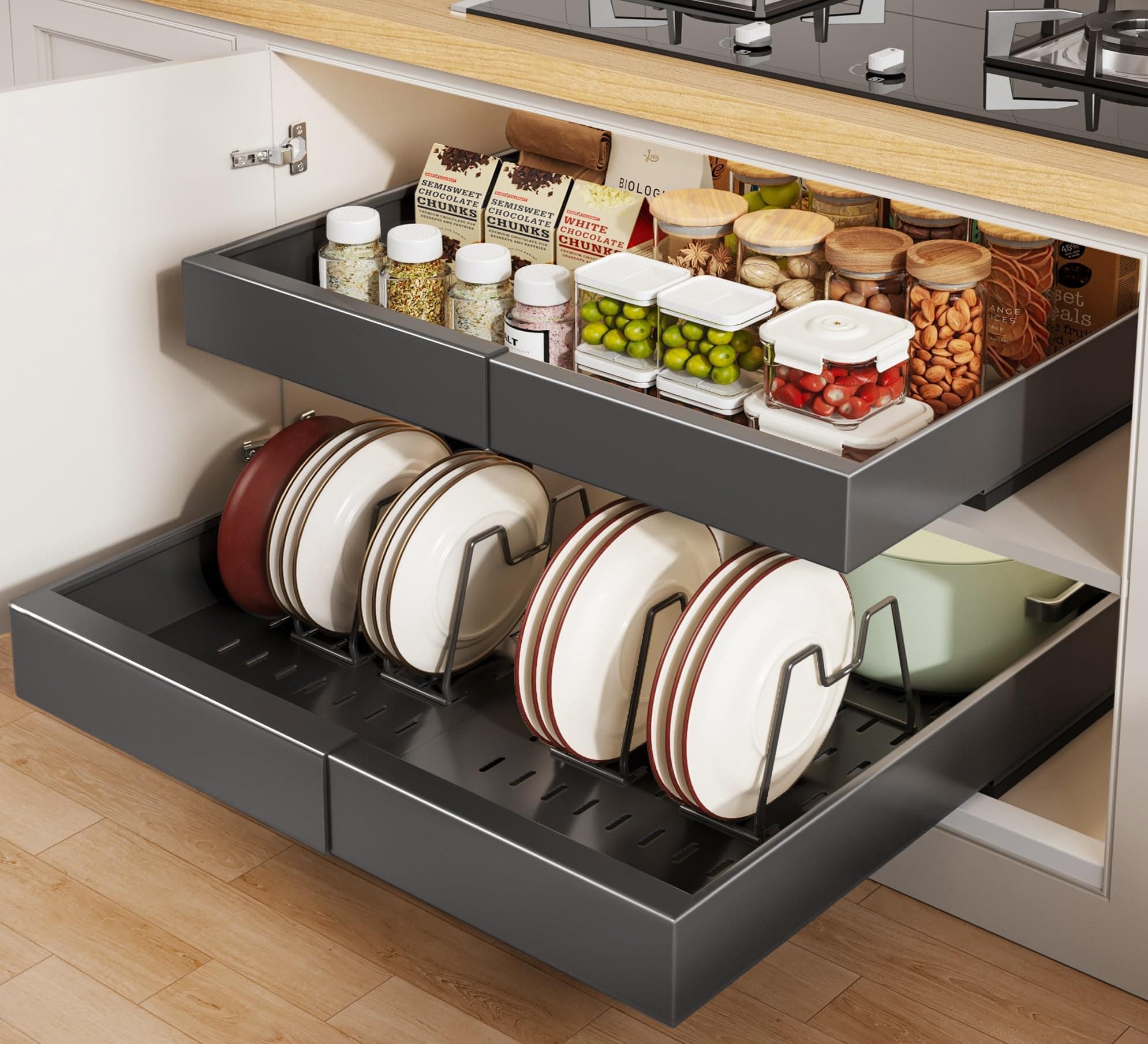 2 Pack Expandable Cabinet Organizer for Kitchen Framed Cabinets, 21" Deep Black