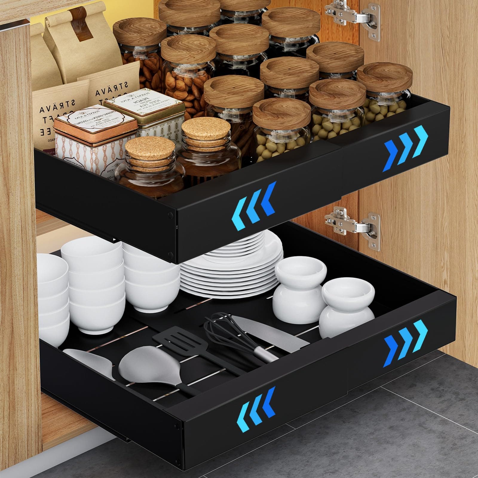 Expandable Pull Out Cabinet Organizer with Adhesive Shelves