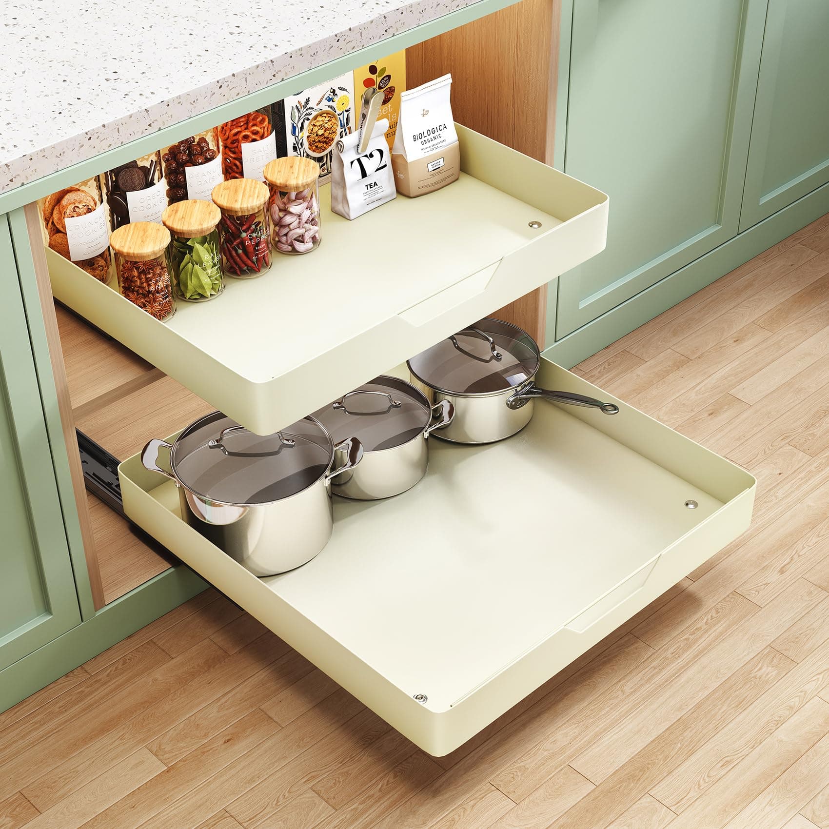 Pull Out Cabinet Organizer for Kitchen Cabinets, 21 inch Deep, No Drill Adhesive Drawers
