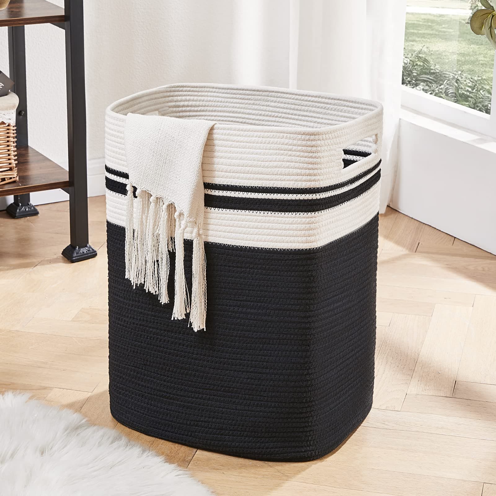 OIAHOMY Tall Cotton Laundry Hamper with Handles-16x13x22in Black