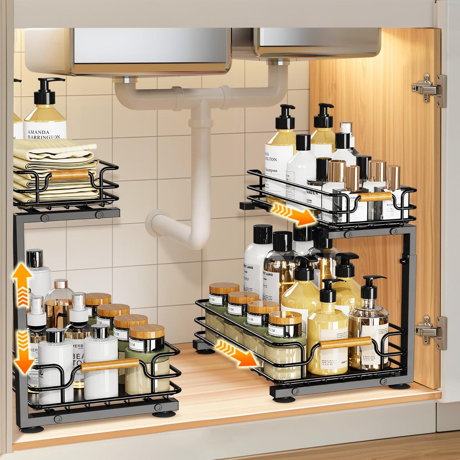 Under Sink Organizer for Kitchen and Bathroom, Metal Sliding Drawer, 2 Tier Storage - Black (2 Pack)